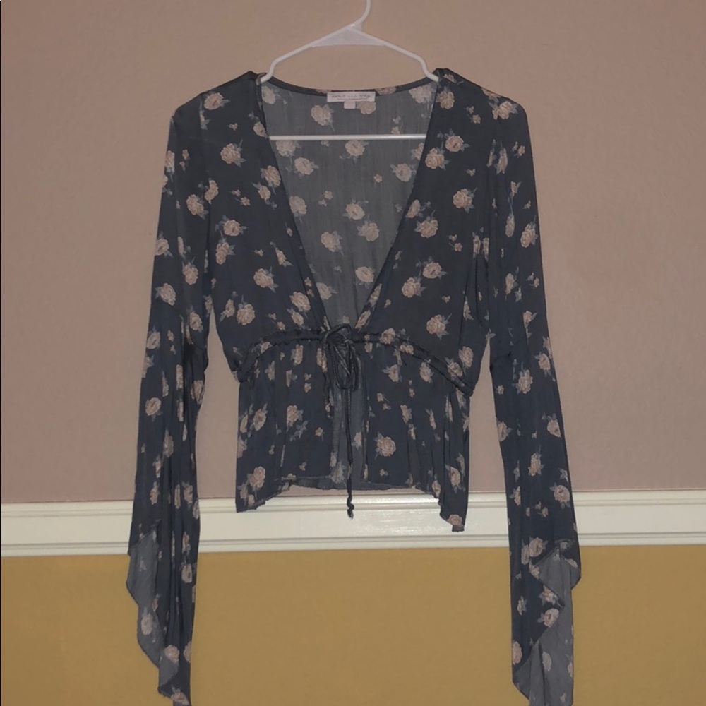 AE floral front tie bell sleeve top